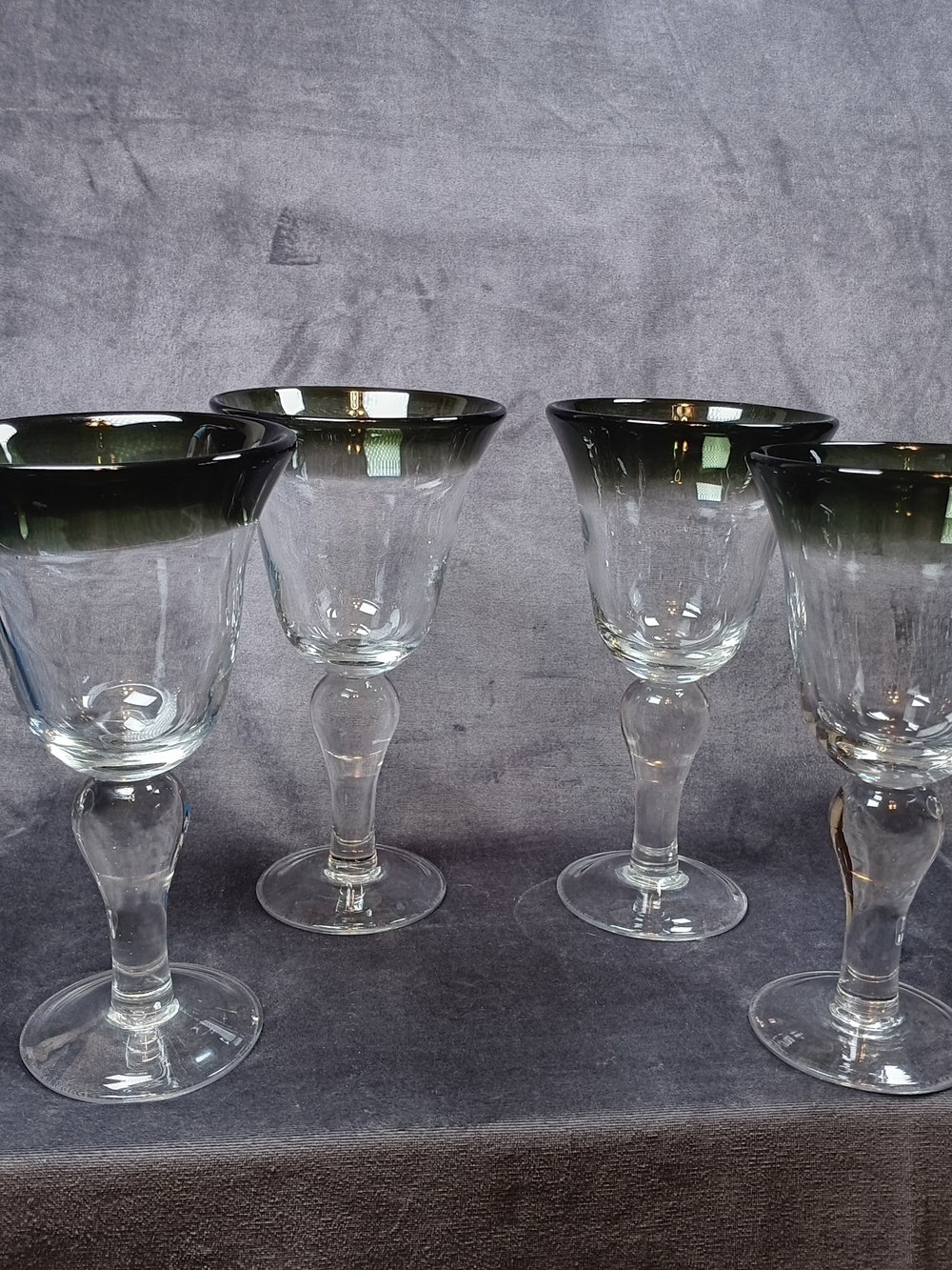 Artland Vintage Set of 4 Hand Blown Wine Glasses with Olive-Green Rim.